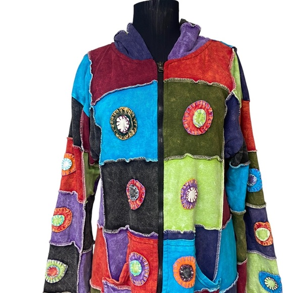 KPC Patchwork Colorful Boho Jacket With Hood - Picture 4 of 16